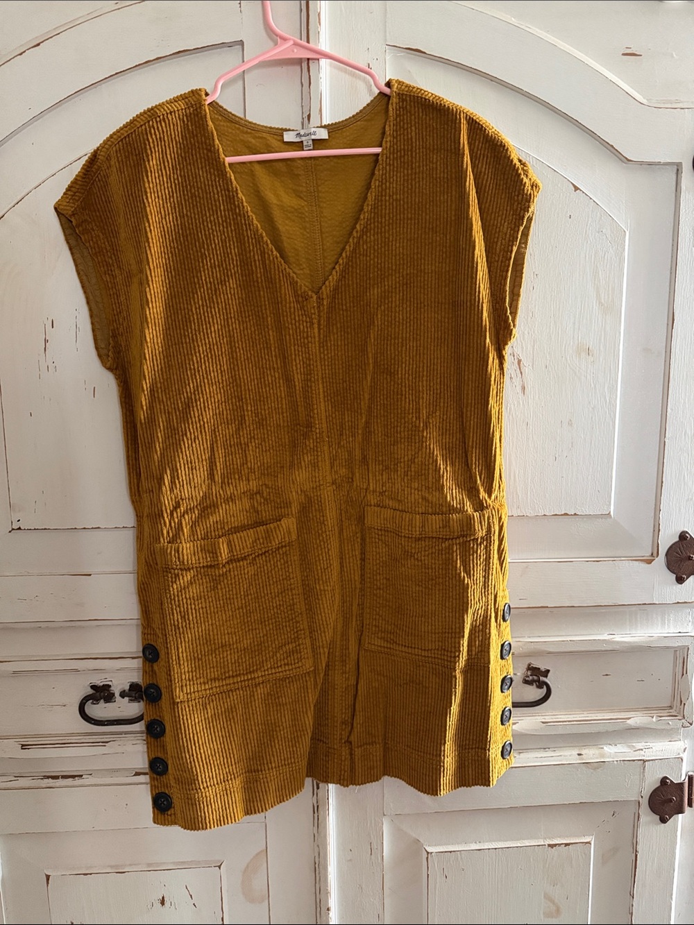 Vintage Madewell Mustard Corduroy V‑Neck Mini Dress with Side Button Details